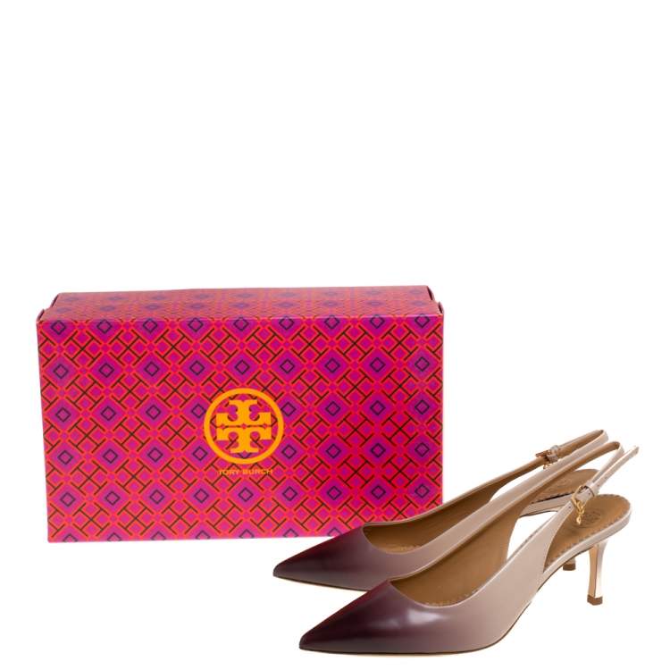 Pre Owned Tory Burch Beige/Purple Ombre Leather Pointed Toe Slingback Sandals Size 36.5