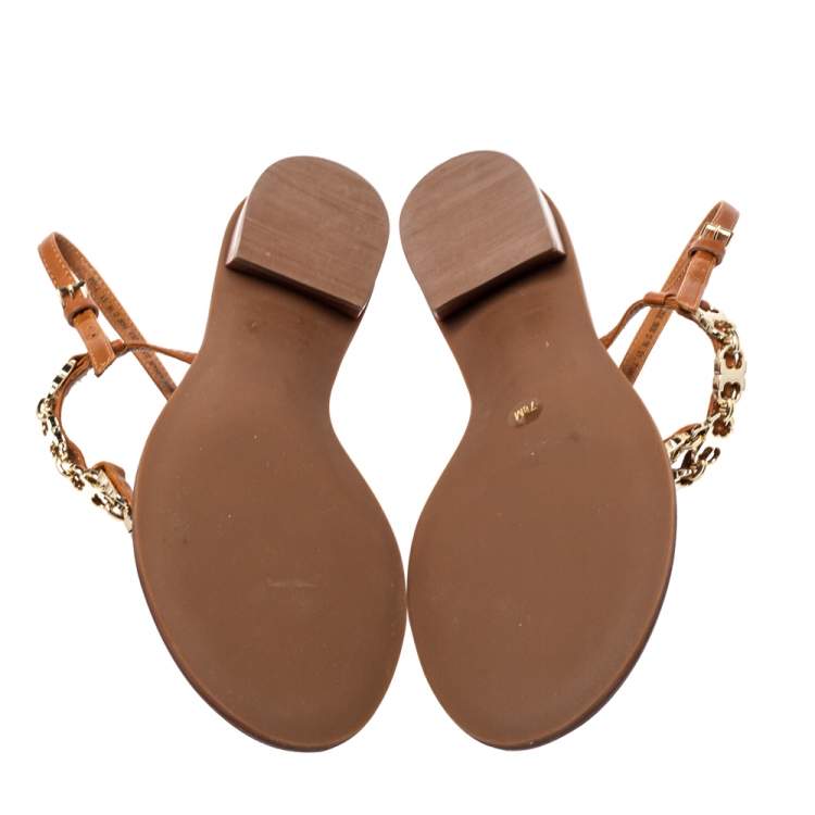 Pre Owned Tory Burch Brown Leather Gemini Link Detail Flat Sandals Size 37.5