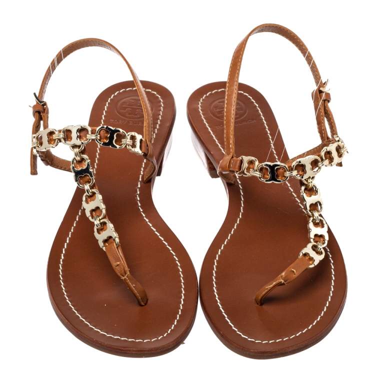 Pre Owned Tory Burch Brown Leather Gemini Link Detail Flat Sandals Size 37.5