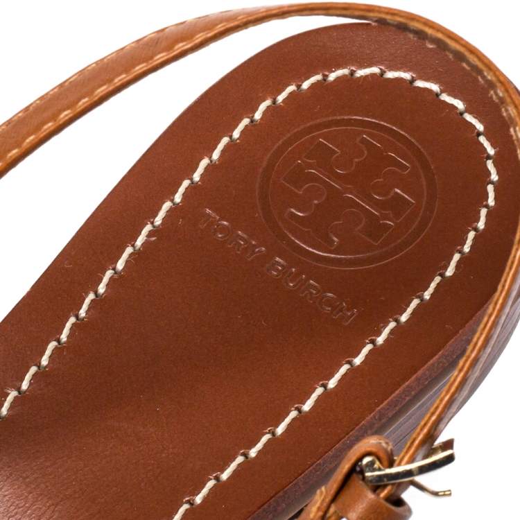 Pre Owned Tory Burch Brown Leather Gemini Link Detail Flat Sandals Size 37.5