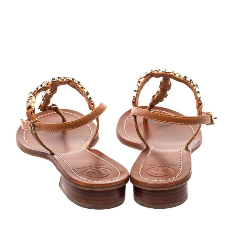Pre Owned Tory Burch Brown Leather Gemini Link Detail Flat Sandals Size 37.5
