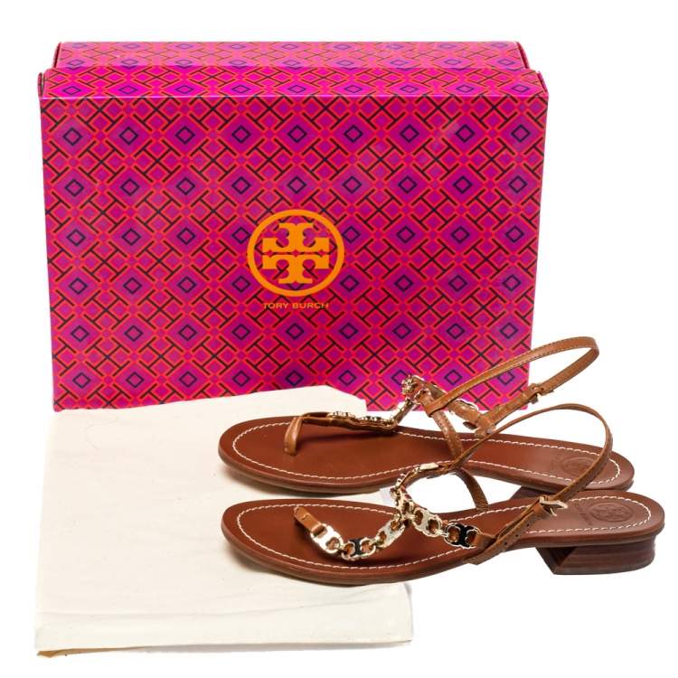 Pre Owned Tory Burch Brown Leather Gemini Link Detail Flat Sandals Size 37.5