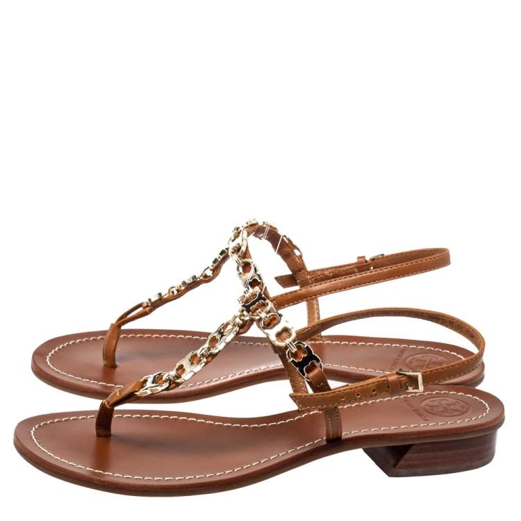 Pre Owned Tory Burch Brown Leather Gemini Link Detail Flat Sandals Size 37.5
