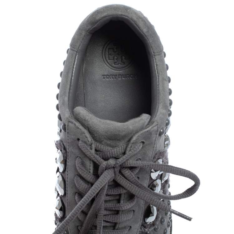 Pre Owned Tory Burch Grey Suede Scarlett Crystal Embellished Sneakers Size 37.5