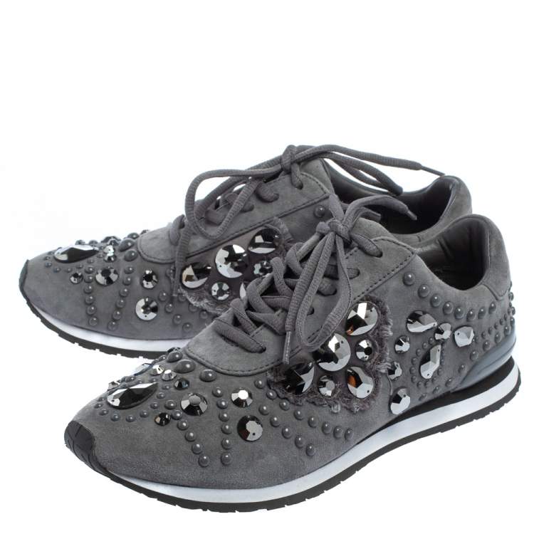 Pre Owned Tory Burch Grey Suede Scarlett Crystal Embellished Sneakers Size 37.5