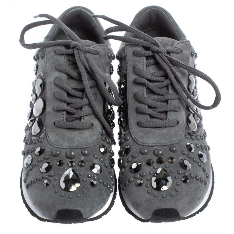 Pre Owned Tory Burch Grey Suede Scarlett Crystal Embellished Sneakers Size 37.5