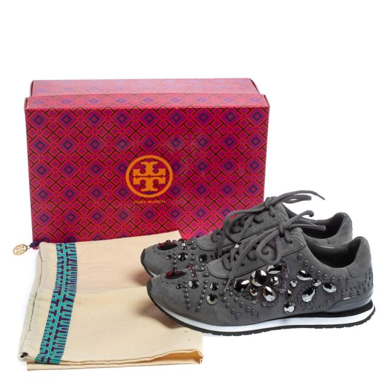 Pre Owned Tory Burch Grey Suede Scarlett Crystal Embellished Sneakers Size 37.5