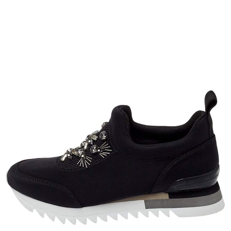 Pre Owned Tory Burch Black Fabric Storm Cloud Crystal Embellished Slip On Sneakers Size 38