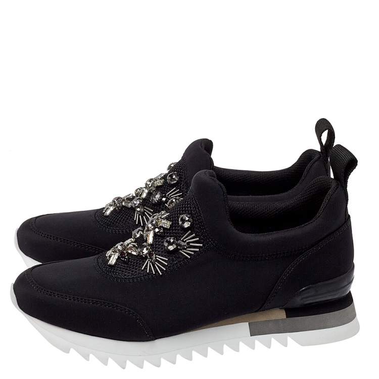 Pre Owned Tory Burch Black Fabric Storm Cloud Crystal Embellished Slip On Sneakers Size 38