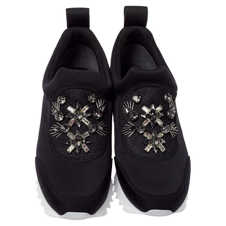 Pre Owned Tory Burch Black Fabric Storm Cloud Crystal Embellished Slip On Sneakers Size 38