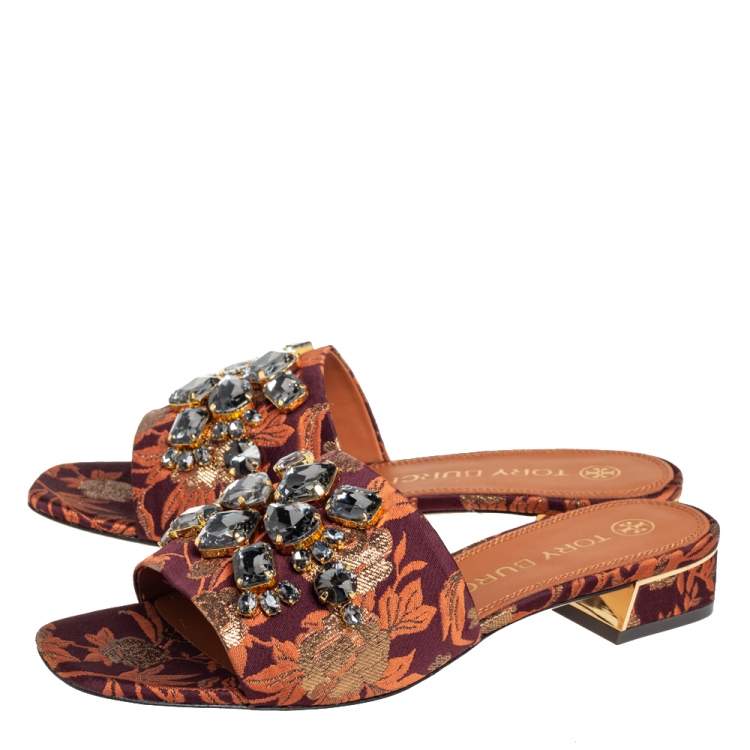 Pre Owned Tory Burch Brown Fabric Crystal Embellished Martine Slide Sandals Size 38.5
