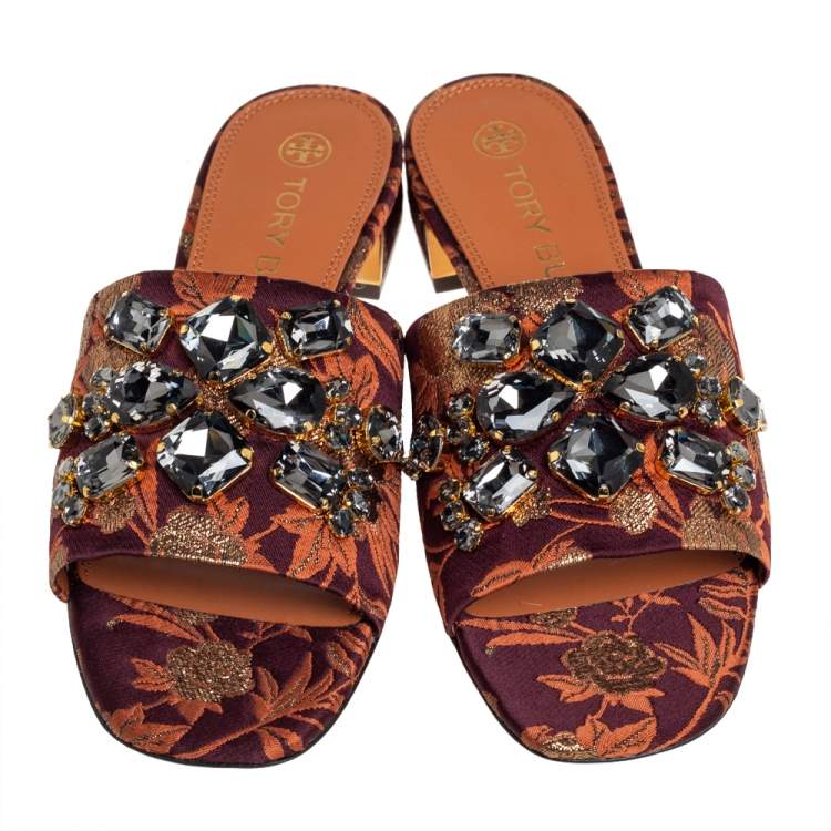 Pre Owned Tory Burch Brown Fabric Crystal Embellished Martine Slide Sandals Size 38.5