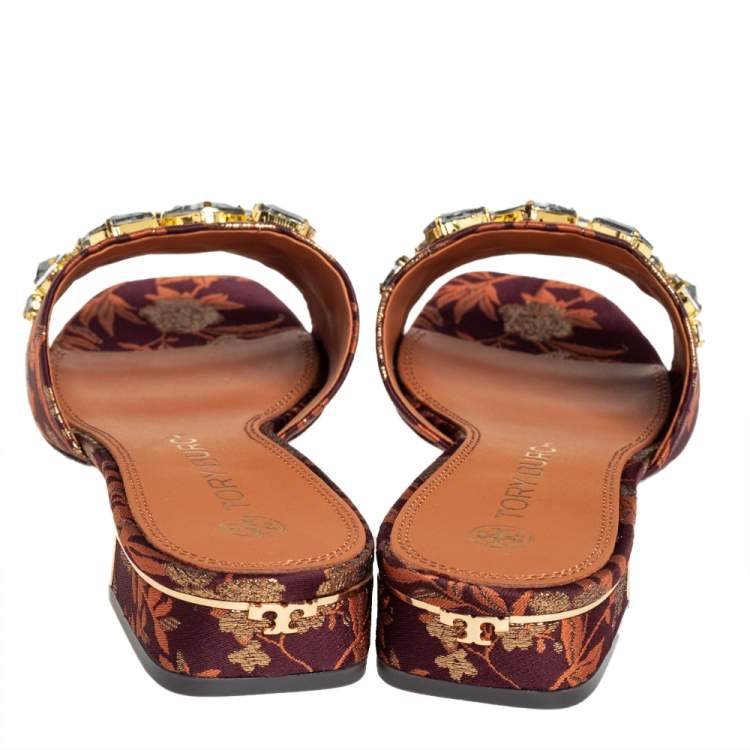 Pre Owned Tory Burch Brown Fabric Crystal Embellished Martine Slide Sandals Size 38.5