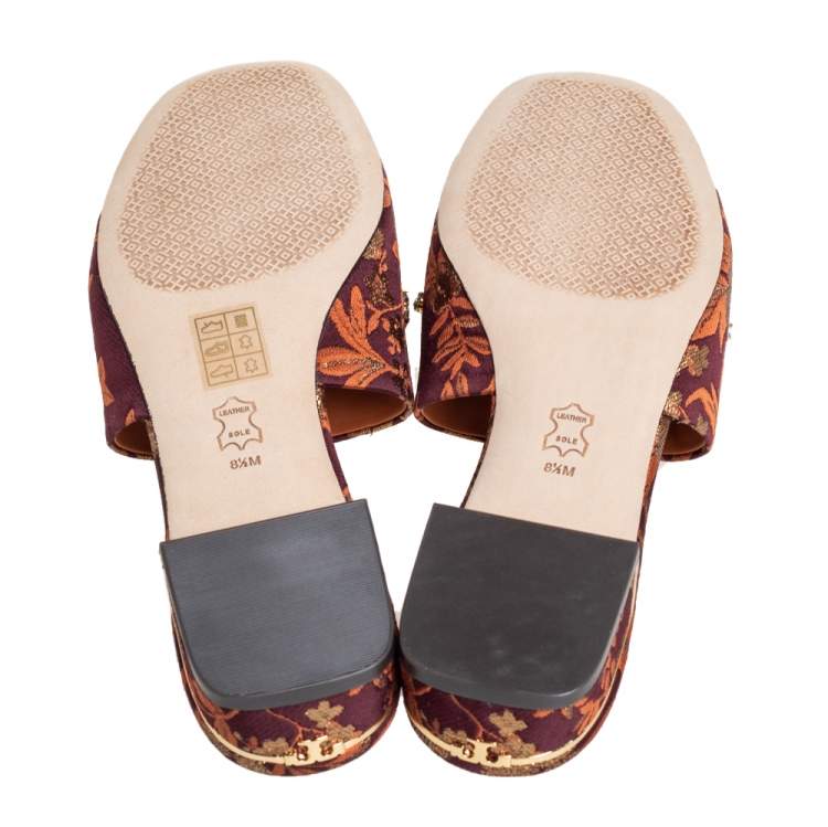 Pre Owned Tory Burch Brown Fabric Crystal Embellished Martine Slide Sandals Size 38.5