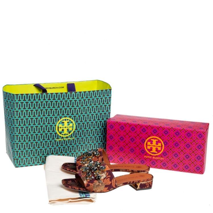 Pre Owned Tory Burch Brown Fabric Crystal Embellished Martine Slide Sandals Size 38.5