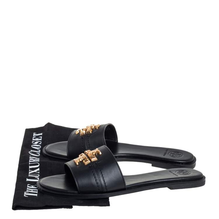 Pre Owned Tory Burch Black Leather Slide Everly Sandals Size 38.5