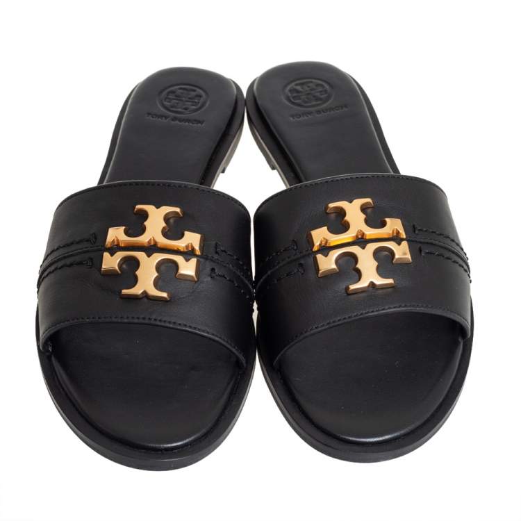 Pre Owned Tory Burch Black Leather Slide Everly Sandals Size 38.5