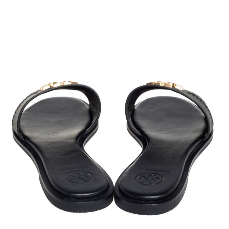 Pre Owned Tory Burch Black Leather Slide Everly Sandals Size 38.5
