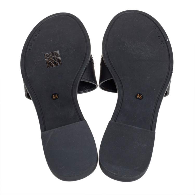 Pre Owned Tory Burch Black Leather Slide Everly Sandals Size 38.5