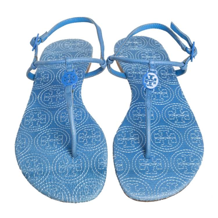 Pre Owned Toy Burch Blue Leather Emmy Thong Sandals Size 39