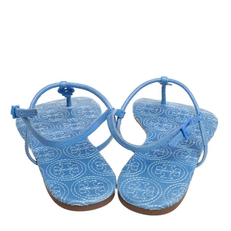 Pre Owned Toy Burch Blue Leather Emmy Thong Sandals Size 39