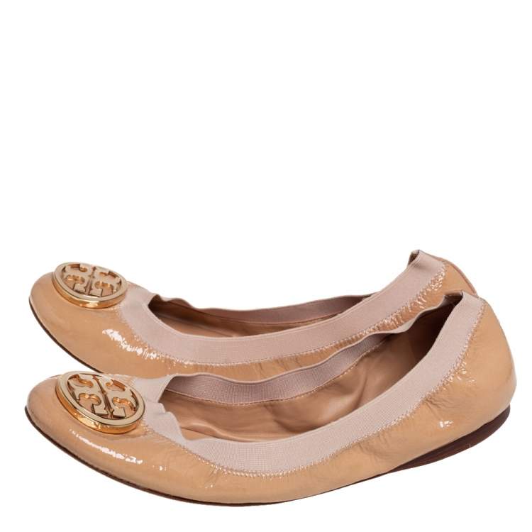 Pre Owned Tory Burch Beige Patent Leather And Fabric Caroline Ballet Flats Size 41
