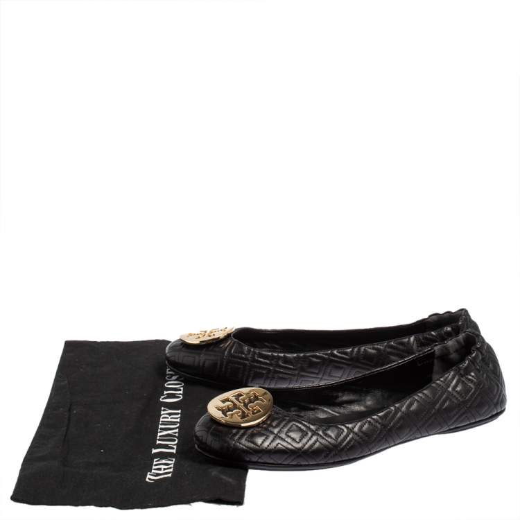 Pre Owned Tory Burch Black Leather Reva Ballet Flats Size 41