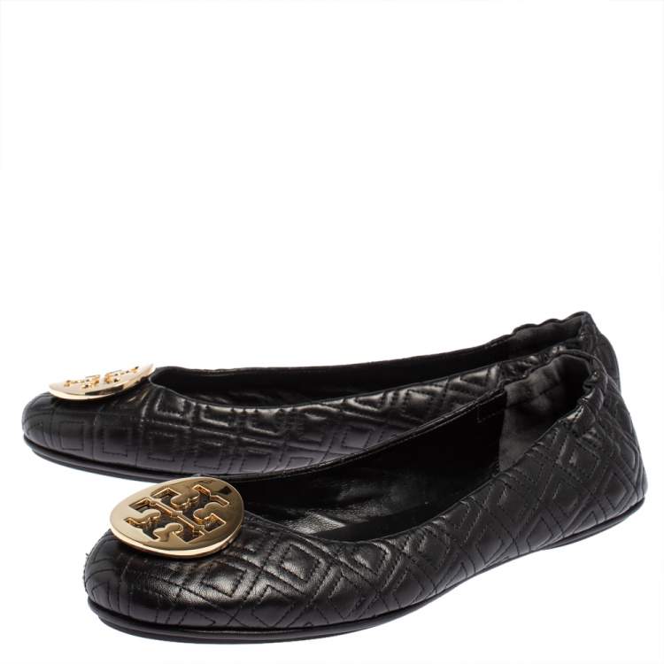 Pre Owned Tory Burch Black Leather Reva Ballet Flats Size 41