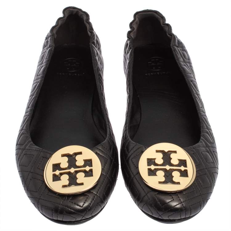 Pre Owned Tory Burch Black Leather Reva Ballet Flats Size 41