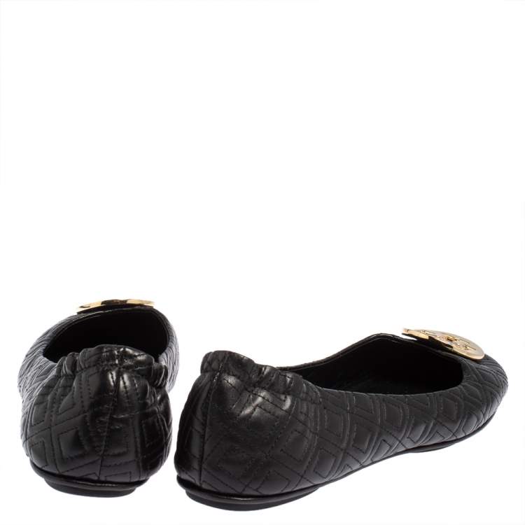 Pre Owned Tory Burch Black Leather Reva Ballet Flats Size 41