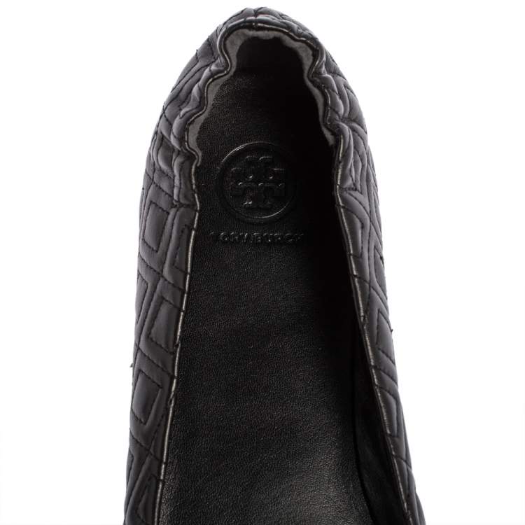 Pre Owned Tory Burch Black Leather Reva Ballet Flats Size 41