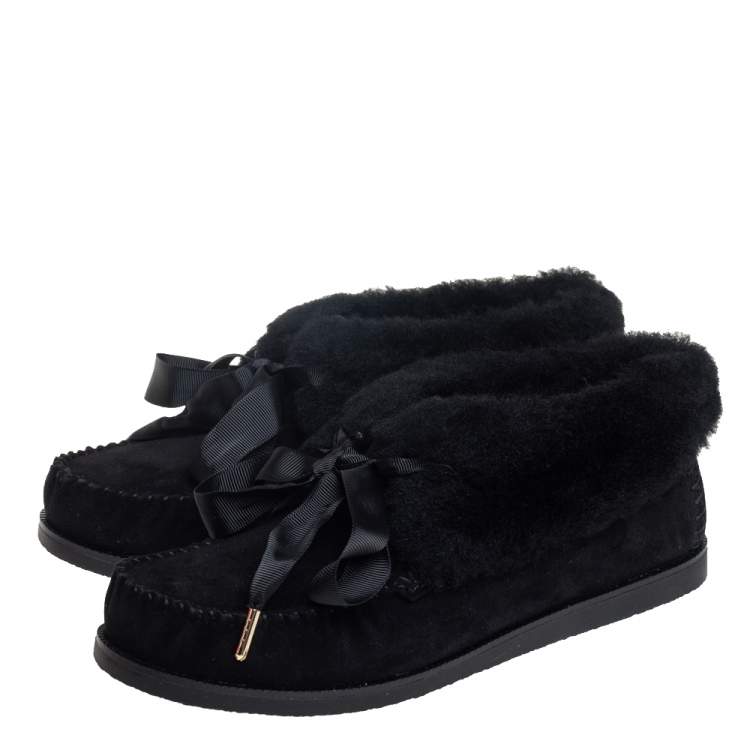 Pre Owned Tory Burch Black Suede and Shearling Aberdeen Sneaker Size 37.5