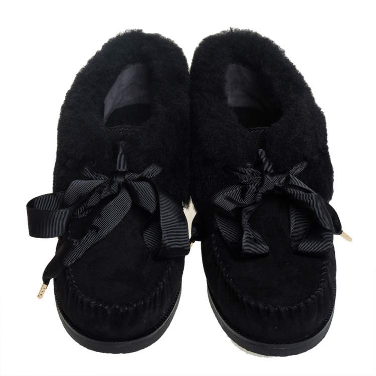 Pre Owned Tory Burch Black Suede and Shearling Aberdeen Sneaker Size 37.5
