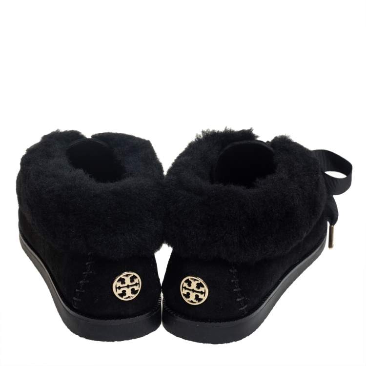 Pre Owned Tory Burch Black Suede and Shearling Aberdeen Sneaker Size 37.5