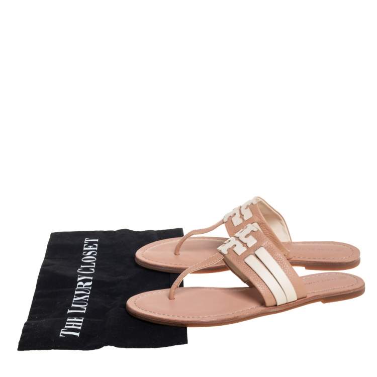 Pre Owned Tory Burch Beige Leather Thong Flats Size 38.5