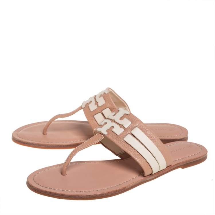 Pre Owned Tory Burch Beige Leather Thong Flats Size 38.5