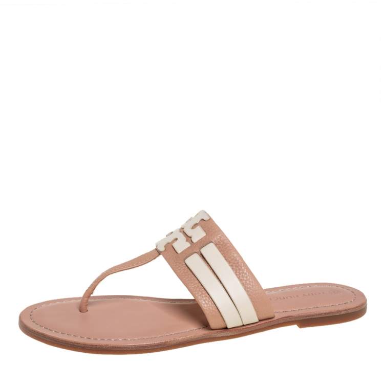 Pre Owned Tory Burch Beige Leather Thong Flats Size 38.5