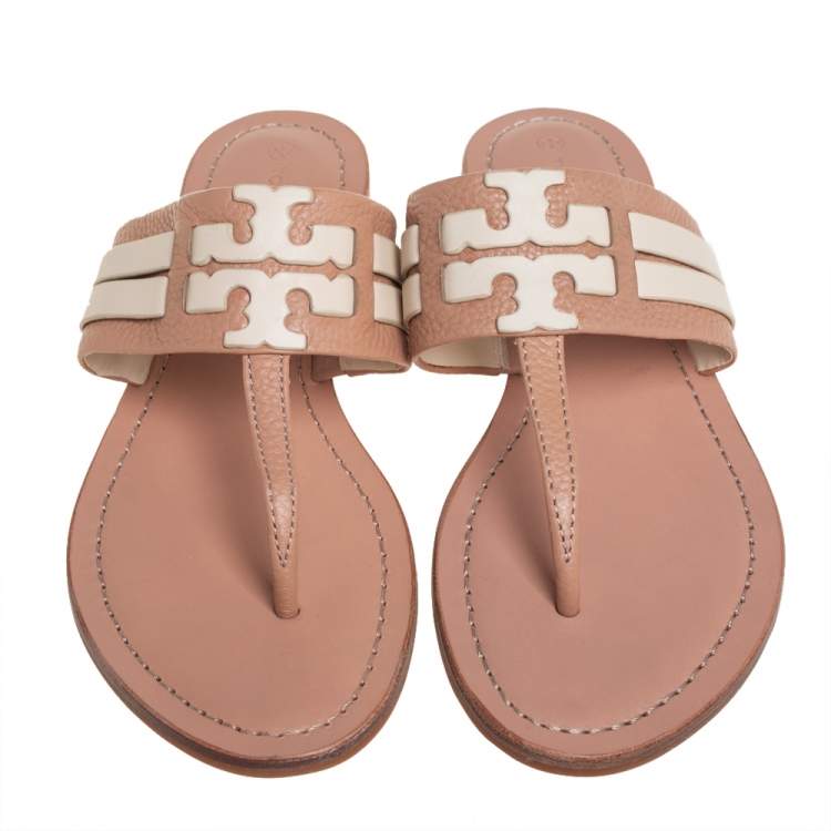 Pre Owned Tory Burch Beige Leather Thong Flats Size 38.5