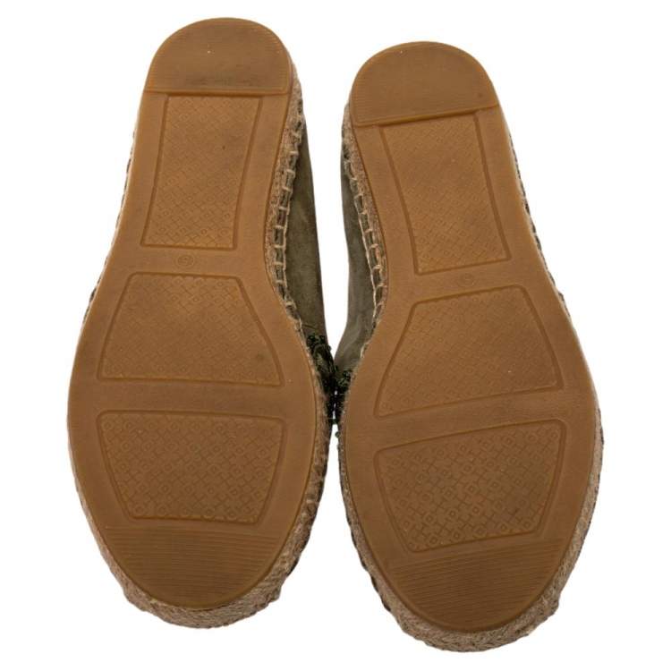 مملوكة مسبقًا Tory Burch Green Suede Embellished Espadrille Flats Size 35