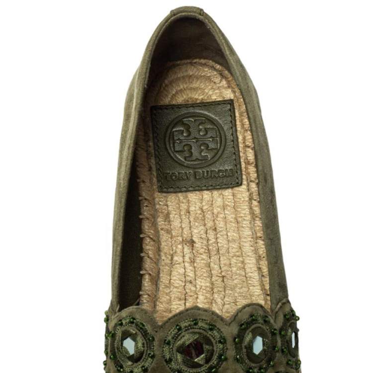 مملوكة مسبقًا Tory Burch Green Suede Embellished Espadrille Flats Size 35