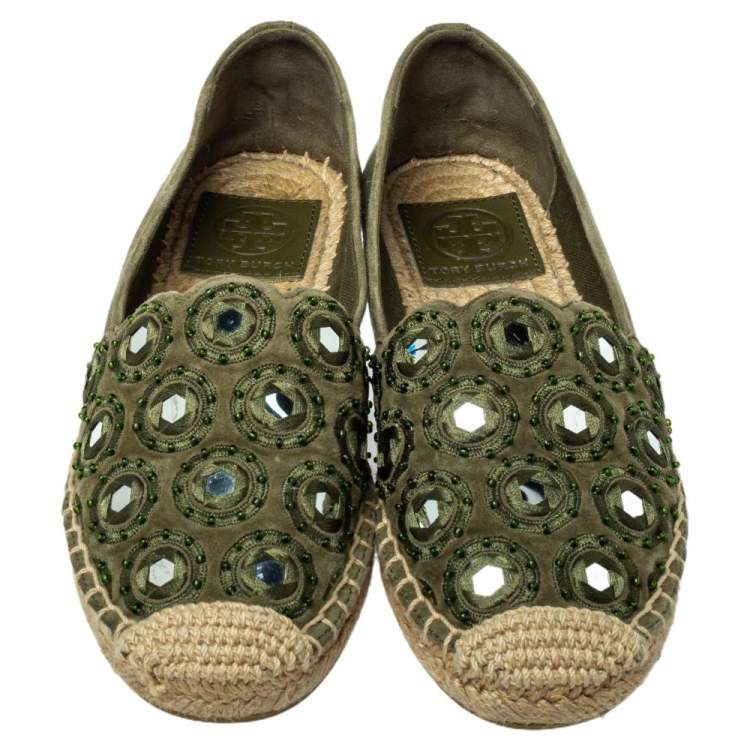 مملوكة مسبقًا Tory Burch Green Suede Embellished Espadrille Flats Size 35
