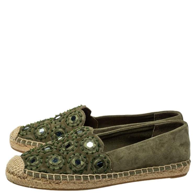 مملوكة مسبقًا Tory Burch Green Suede Embellished Espadrille Flats Size 35