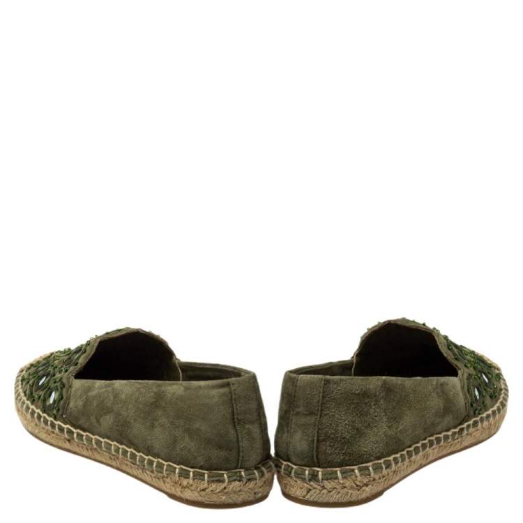 مملوكة مسبقًا Tory Burch Green Suede Embellished Espadrille Flats Size 35