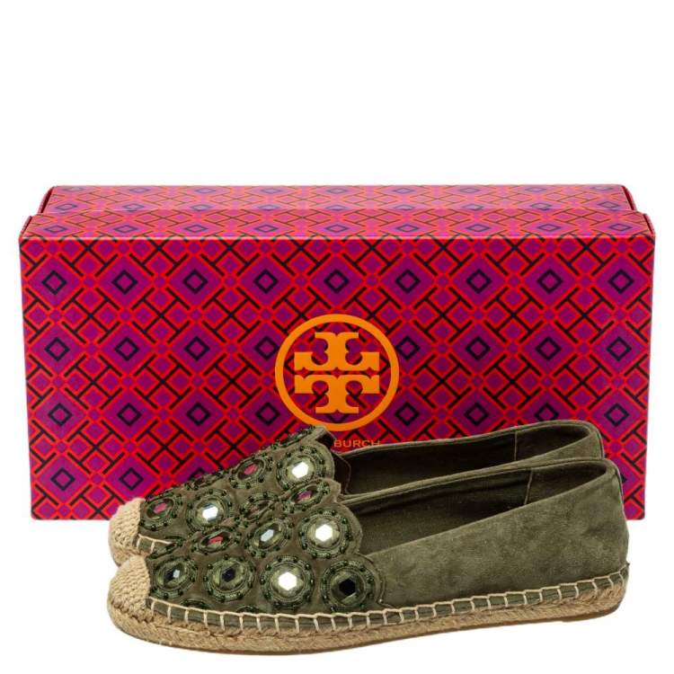 مملوكة مسبقًا Tory Burch Green Suede Embellished Espadrille Flats Size 35