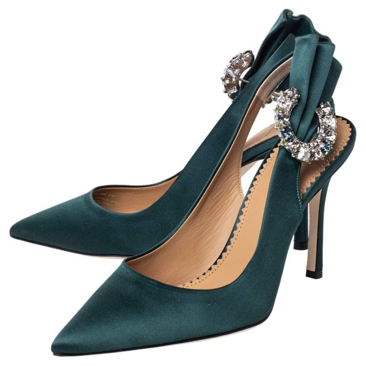 Pre Owned Tory Burch Green Satin Crystal Embellished Slingback Pumps Size 36.5