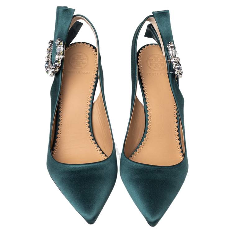Pre Owned Tory Burch Green Satin Crystal Embellished Slingback Pumps Size 36.5
