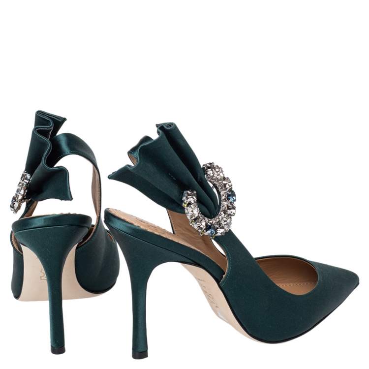 Pre Owned Tory Burch Green Satin Crystal Embellished Slingback Pumps Size 36.5