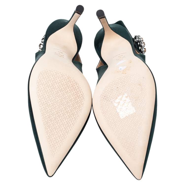 Pre Owned Tory Burch Green Satin Crystal Embellished Slingback Pumps Size 36.5