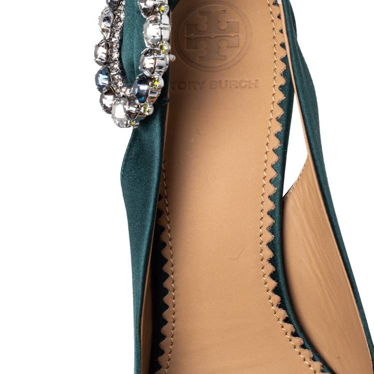 Pre Owned Tory Burch Green Satin Crystal Embellished Slingback Pumps Size 36.5