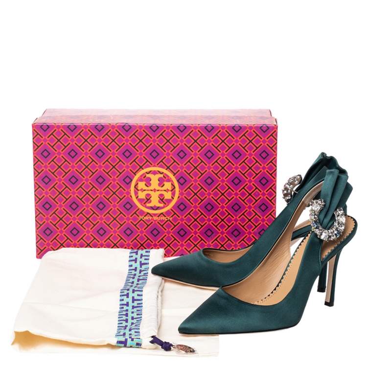 Pre Owned Tory Burch Green Satin Crystal Embellished Slingback Pumps Size 36.5